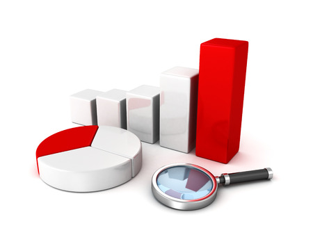 pie and bar chart diagrams and magnifier glass. 3d render illustrationの写真素材
