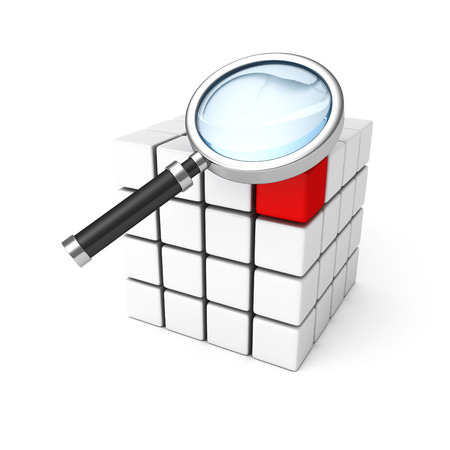 Different red cube among white cubes under magnifier glass. concept 3d render illustrationの写真素材