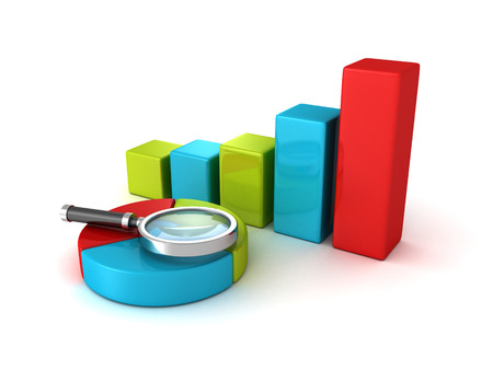 pie and bar chart diagrams and magnifier glass. 3d render illustrationの写真素材
