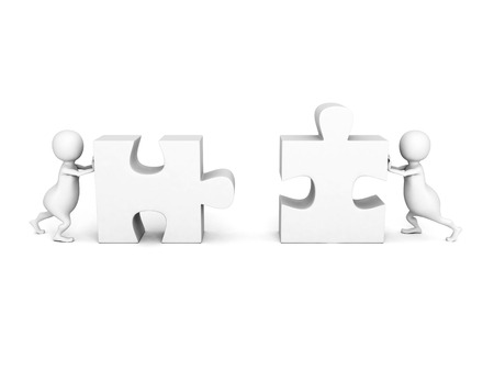 3d people push pieces of puzzle to connect together. teamwork business concept 3d render illustrationの写真素材