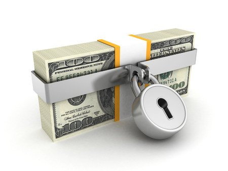 hundred dollar pack locked by safety padlock. business finance security concept 3d render illustrationの写真素材