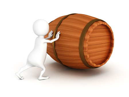 white 3d man push wooden wine barrel. 3d render illustrationの写真素材