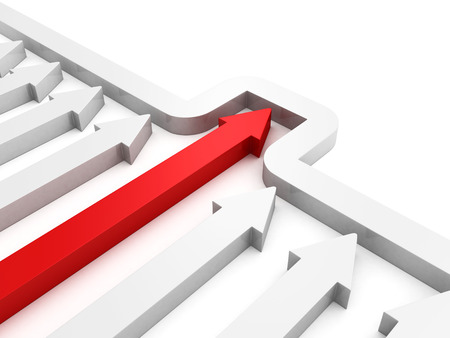 arrows race with red leader behind the wall. business success competition concept 3d render illustrationの写真素材