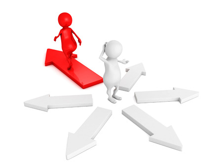 white 3d people on crossroads of different way direction arrows. right choice business concept 3d render illustrationの写真素材