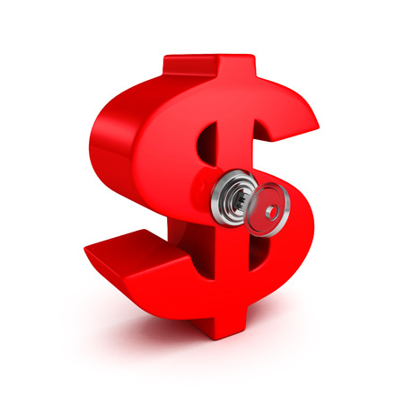 big red dollar symbol with lock key. business success concept 3d render illustrationの写真素材