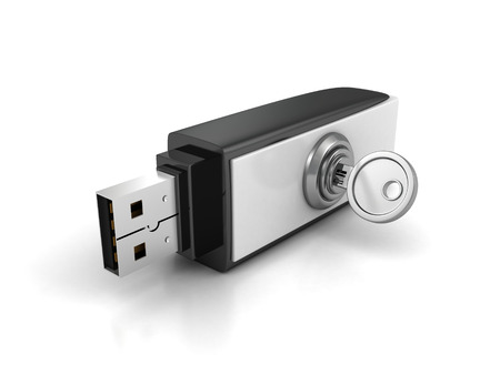 usb flash drive with lock key on white background. 3d render illustrationの写真素材