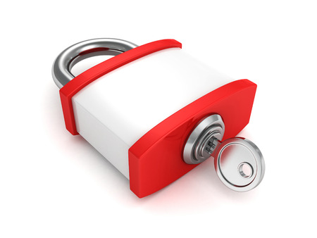red security padlock and key on white background. 3d render illustrationの写真素材