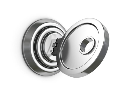 metallic key in lock on white background. 3d render illustrationの写真素材