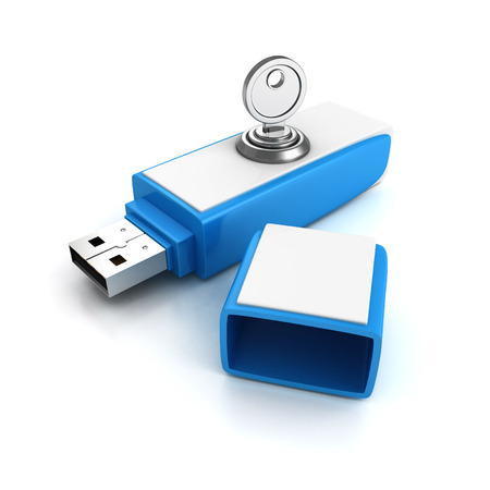 usb flash drive with lock key on white background. 3d render illustrationの写真素材