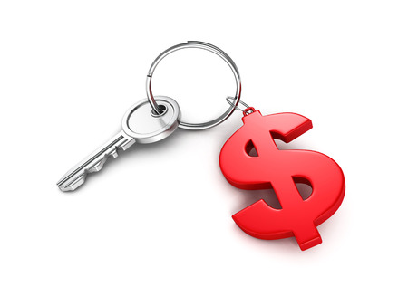 metallic key with red dollar currency symbol. business success concept 3d render illustrationの写真素材