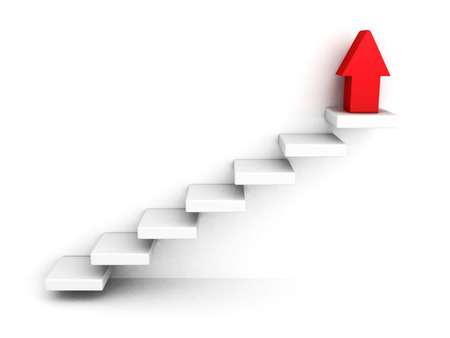 red growing up success arrow and upstairs steps ladder. 3d render illustrationの写真素材