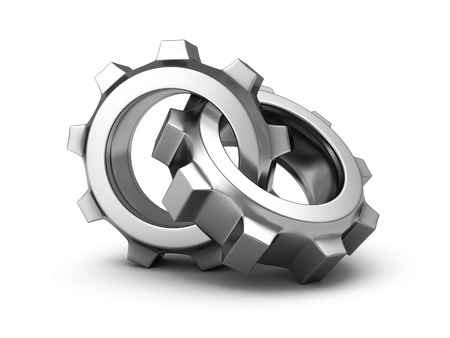 Two chrome cogwheel gears on white background. 3d render illustrationの写真素材