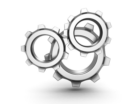 three metal gears on white . 3d render illustrationの写真素材