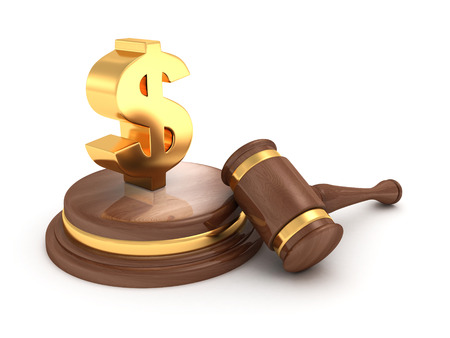 golden dollar sign and wooden gavel hammer on white . business concept 3d render illustrationの写真素材