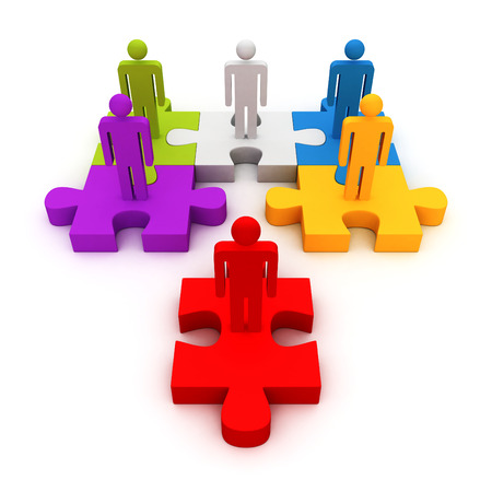 different red leader of business team on puzzle. business concept teamwork 3d render illustrationの写真素材