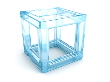 abstract blue glass 3d cube with shadow. 3d render illustrationの写真素材