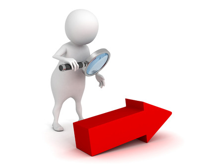 white 3d person with magnifier researching growing arrow. business success concept 3d render illustrationの写真素材