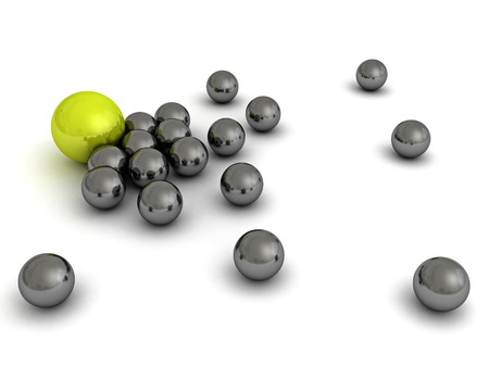 Leadership concept with green sphere and many metallic ones. 3d render illustrationの写真素材