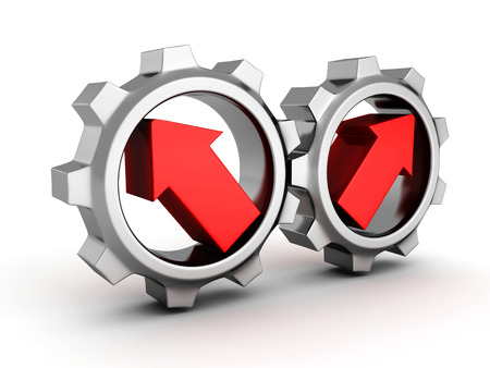 two chrome cogwheel gears with arrows. 3d render illustrationの写真素材