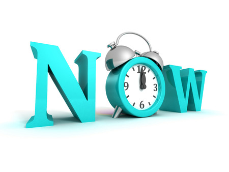 now blue word and alarm clock on white. time concept 3d render illustrationの写真素材
