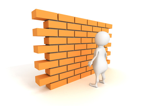 white 3d man with brick wall. 3d render illustrationの写真素材