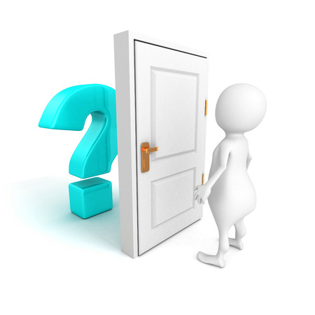 3d man with blue question mark behind door. 3d render illustrationの写真素材