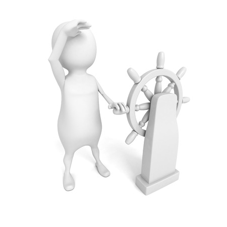white 3d person with ship steering wheel. 3d render illustrationの写真素材