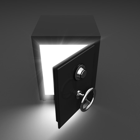 Opening safe and volume light on dark background. 3d render illustrationの写真素材