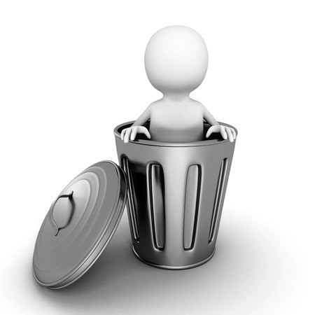 3d small person in metallic trash can. 3d render illustrationの写真素材