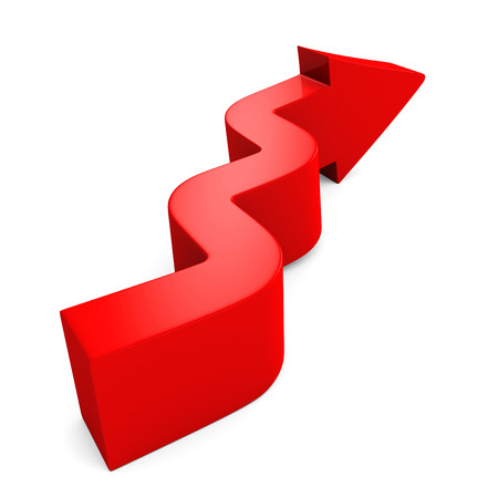 curved red arrow on white background. 3d render illustrationの写真素材
