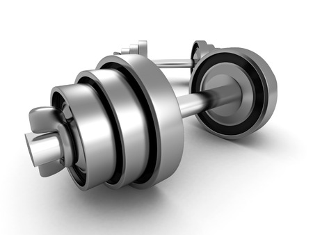 two heavy shiny metallic barbells on white background. 3d render illustrationの写真素材