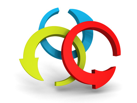 three round red green blue arrows on white background. 3d render illustrationの写真素材