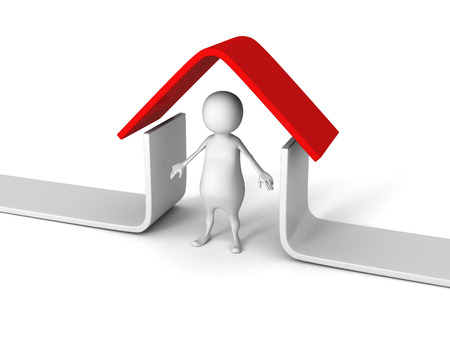 white 3D man under red roof house. real estate concept 3d render illustrationの写真素材