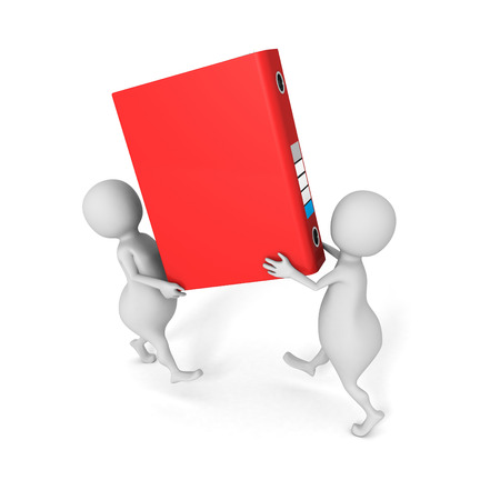 two people carry red office document file ring binder. 3d render illustrationの写真素材
