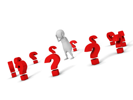 confused white 3d man with many red question marks around. problems concept 3d render illustrationの写真素材