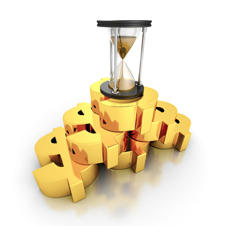 Sand Hourglass On Golden Dollar Currency Symbols Stack. Time Is Money Concept 3d Render Illustration