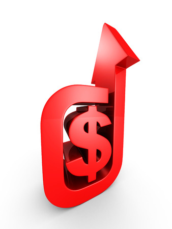 Red Rising Up Arrow With Dollar Currency Symbol. 3d Render Illustrationの写真素材