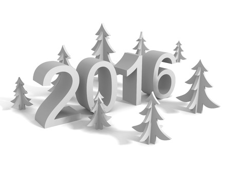 New Year 2016 Sign With Christmas Trees. 3d Render Illustration