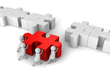 White 3d Team Push Last Jigsaw Puzzle Peace. 3d Render Illustrationの写真素材