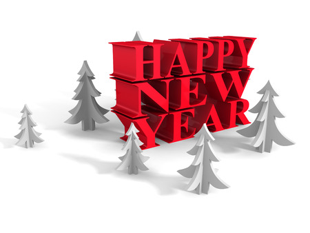 HAPPY NEW YEAR Words With Christmas Trees Around. 3d Render Illustrationの写真素材