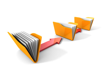 Data Transfer Concept with Yellow Office Folders and Arrows. 3d Render Illustration