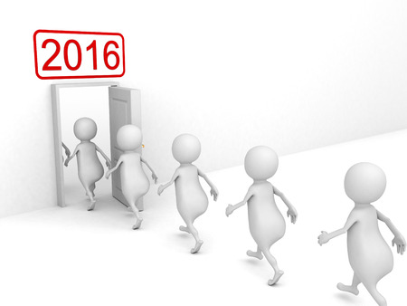 White 3d Person Enterring In 2016 New Year Door. 3d Render Illustrationの写真素材