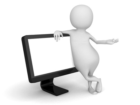 White 3d Man With Computer PC Monitor. 3d Render Illustrationの写真素材