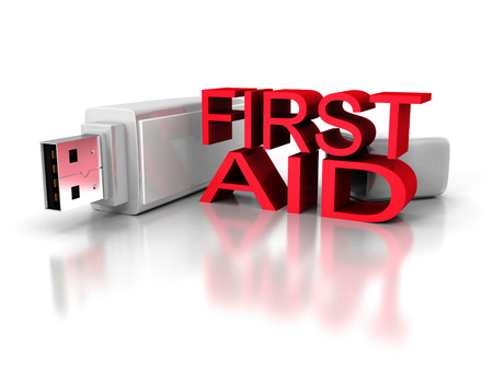 first aid usb flash drive on white background. 3d render illustrationの写真素材