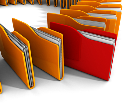 red office folder with documents out from yellow group. 3d render illustration