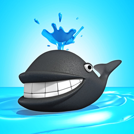 Smiling Cartoon Whale Making Fountain Of Sea Water. 3d Render Illustrationの写真素材