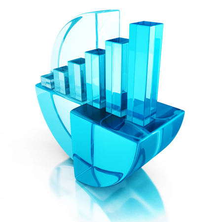 Blue bar and pie graph on reflection. business success concept 3d render iluustrationの写真素材