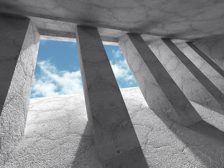 Concrete architecture background. Geometric abstract construction with cloudy sky. 3d render illustrationの写真素材