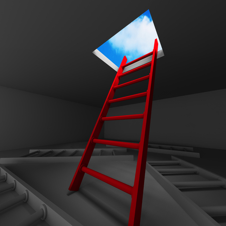 Escape To Success. Red Ladder Out From Basement Hole. 3d Render Illustrationの写真素材