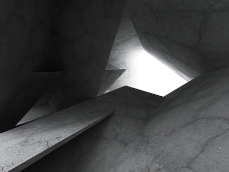 Chaotic concrete architecture. Dark empty room. Abstract construction background. 3d render illustrationの写真素材